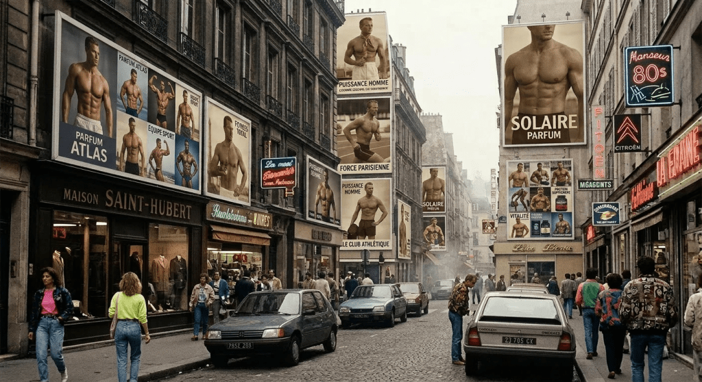 Busy Paris street with vintage advertisements of muscular men for fitness and perfume products