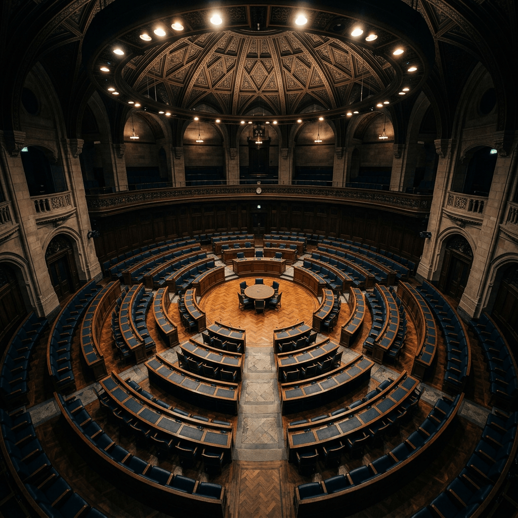 Empty circular parliamentary chamber with wooden desks and ornate decorated dome ceiling